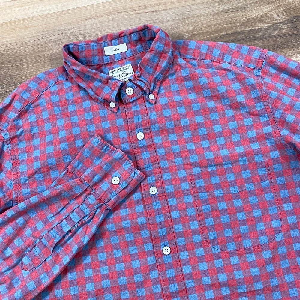 J. Crew Button Down Men M Slim Gingham Organic Cotton Stretch Pink Blue Heritage
